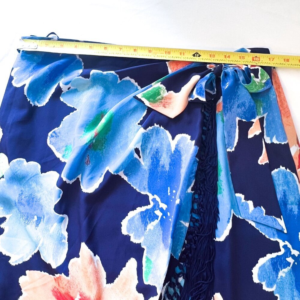 Lauren Ralph Lauren Navy Blue Floral Fringe Faux-Wrap Skirt Tropical Crepe Midi - Picture 9 of 12